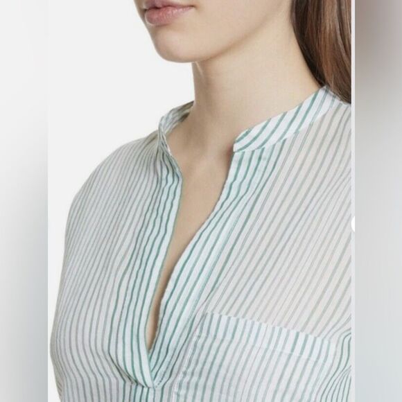 Vince Pencil Stripe Cotton & Silk Tunic In Malachite Popover Tunic Sheer XS - Picture 2 of 15